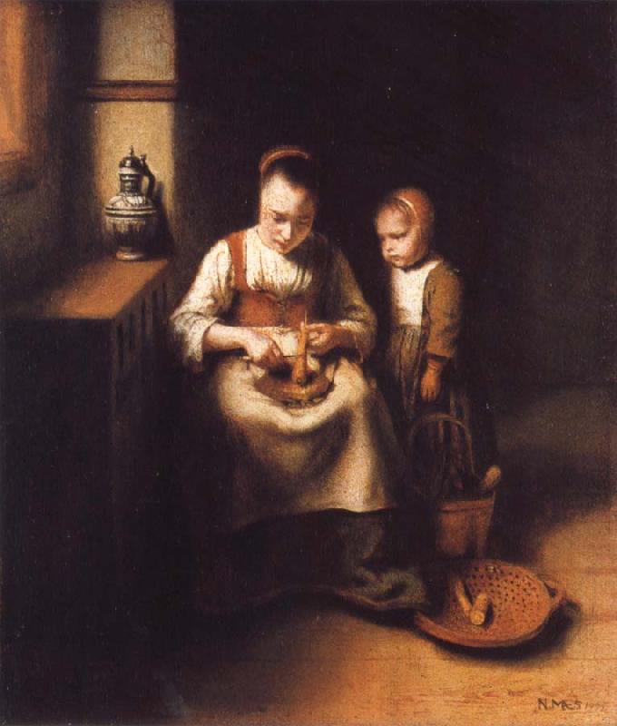 Nicolas Maes A Woman Scraping Parsnips,with a Child Standing by Her oil painting picture